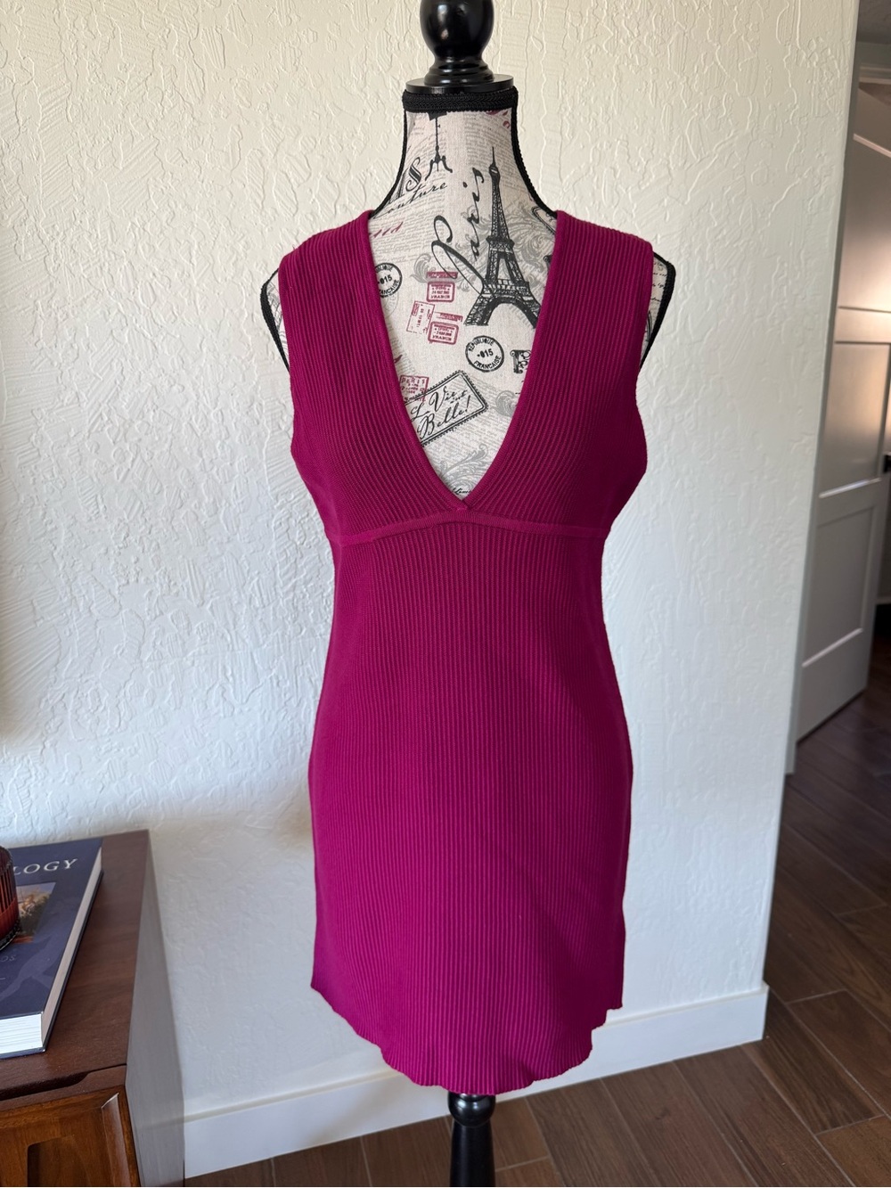 House of Harlow 1960 Deep V Ribbed Mini Dress in Fuchsia
